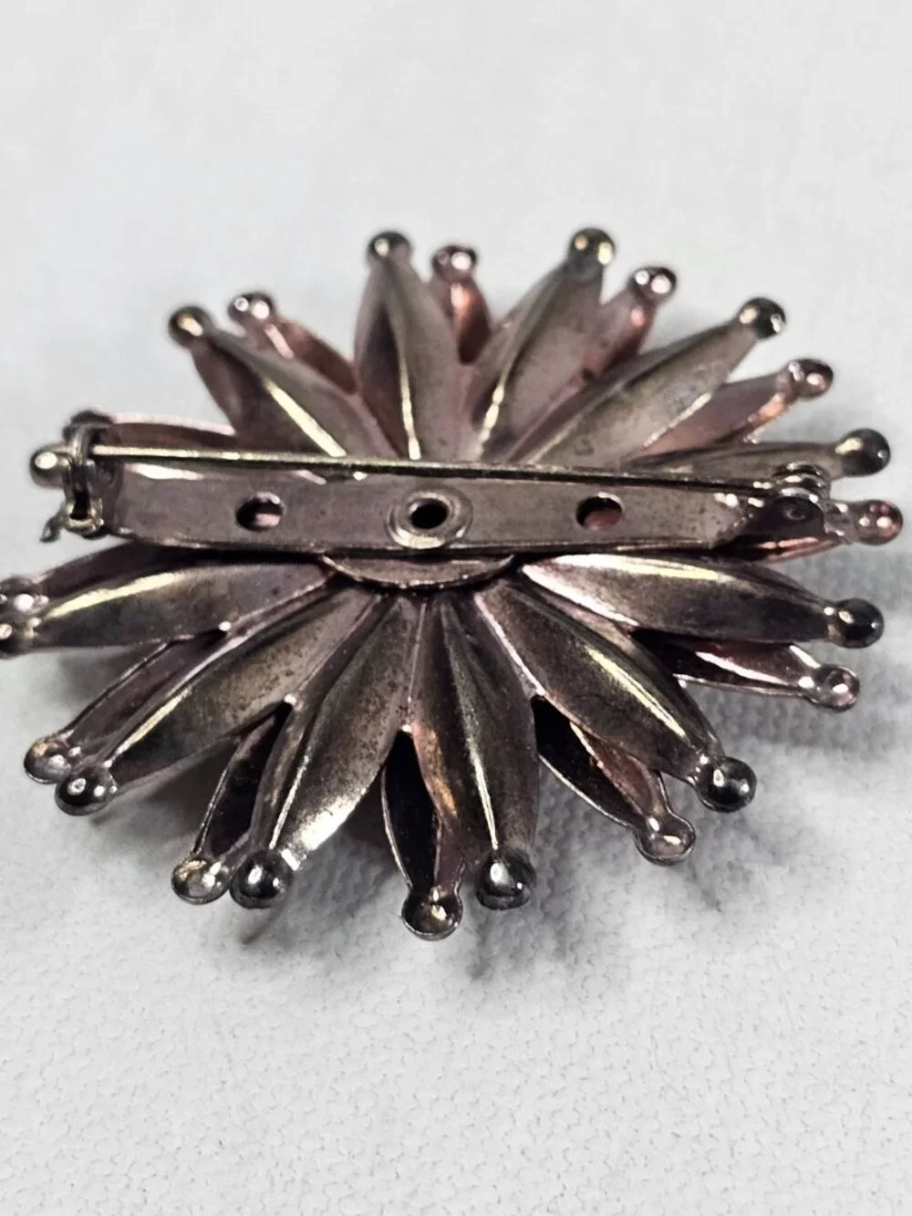 Vintage Atomic Starburst Brooch Blue Rhinestone Bronze Tone Unmarked Jewelry Pin